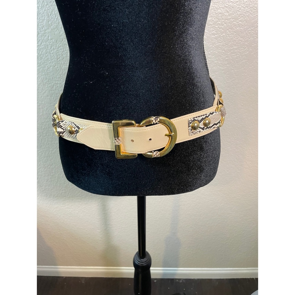 Carlisle Womens 34-36 Belt Beige Leather Snakeskin Gold Studded Made in USA